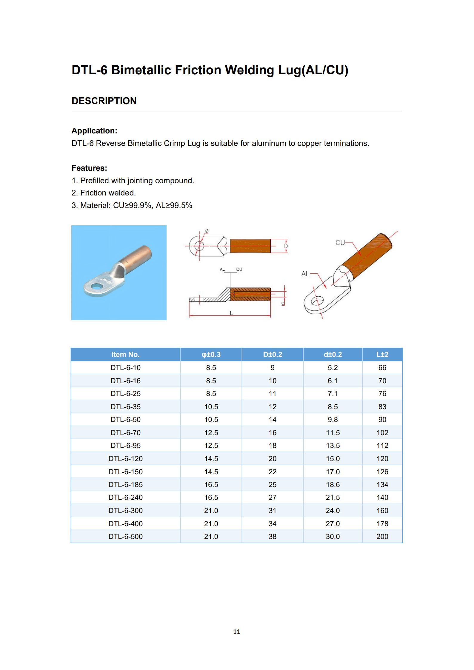 DTL-6 Bimetal  Cable Lugs detail 1